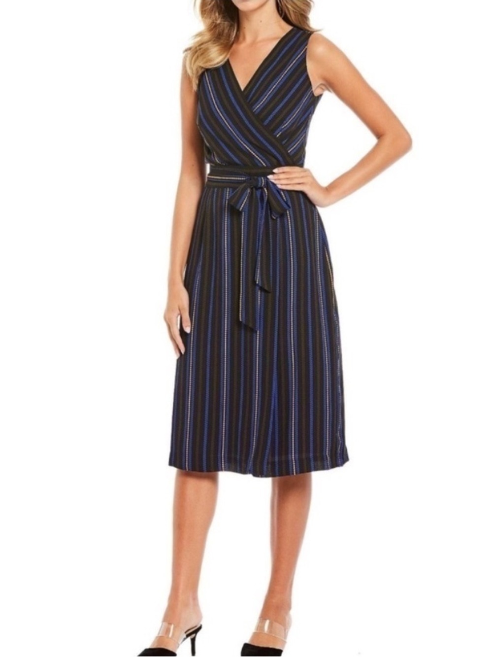 Tahari Sleeveless Faux Wrap Midi Dress | Navy Striped Tie-Waist Dress